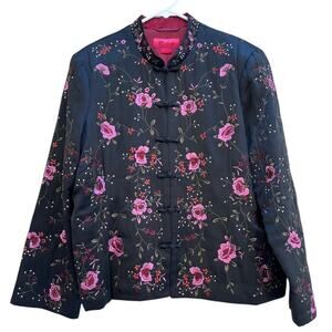 Monsoon Black Silk Oriental Mandarin Jacket Floral Fully Embroidered Women's 12